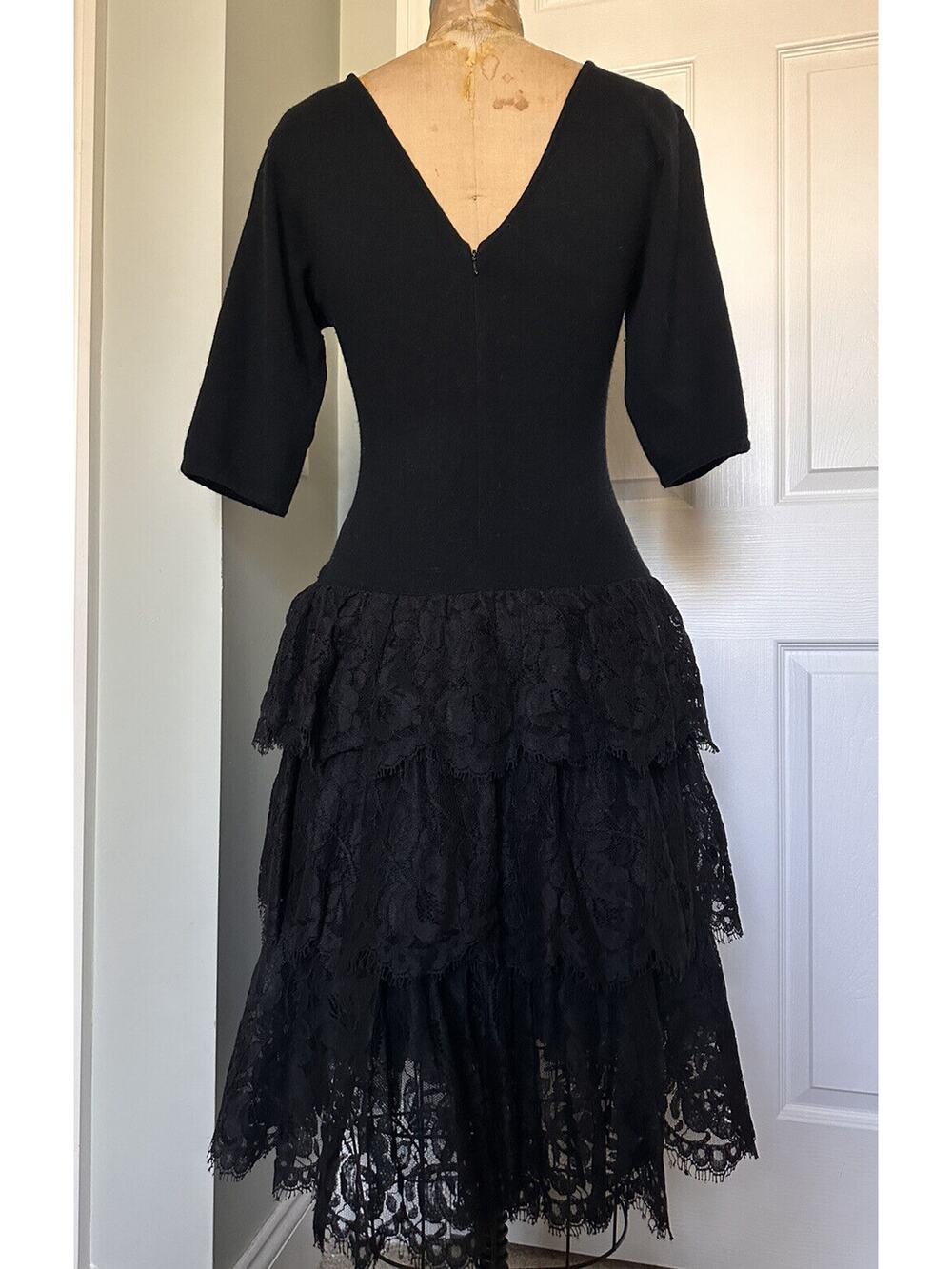 Vintage Adrienne Vittadini Sweater Dress Lace Ruffles Layered Wool Black Sz M